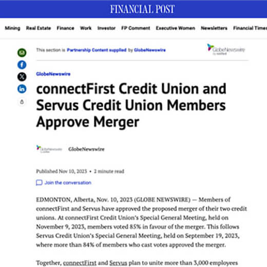 connectFirst Servus approve merger